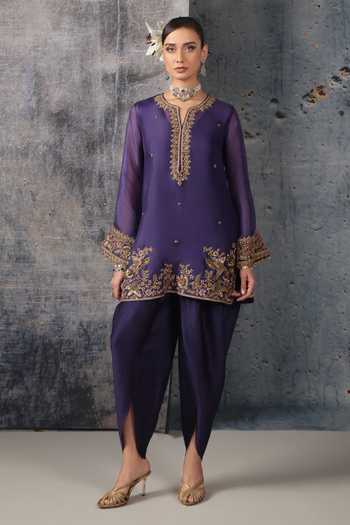 Buy Label Niti Bothra Purple Silk, Organza, Tencel V-neck Embroidered Short Kurta Set Online at Aza Fashions Buy_Label Niti Bothra_Purple Silk, Organza, Tencel V-neck Embroidered Short Kurta Set _Online_at_Aza_Fashions