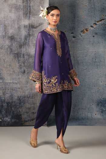 Shop Label Niti Bothra Purple Silk, Organza, Tencel V-neck Embroidered Short Kurta Set Online at Aza Fashions Shop_Label Niti Bothra_Purple Silk, Organza, Tencel V-neck Embroidered Short Kurta Set _Online_at_Aza_Fashions
