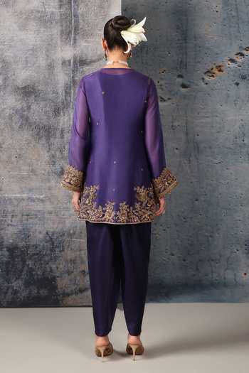 Shop Label Niti Bothra Purple Silk, Organza, Tencel V-neck Embroidered Short Kurta Set at Aza Fashions Shop_Label Niti Bothra_Purple Silk, Organza, Tencel V-neck Embroidered Short Kurta Set _at_Aza_Fashions