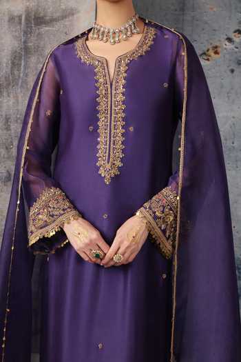 Shop Label Niti Bothra Purple Silk, Organza, Chanderi V-neck Embroidered Straight Kurta And Pant Set Online at Aza Fashions Shop_Label Niti Bothra_Purple Silk, Organza, Chanderi V-neck Embroidered Straight Kurta And Pant Set _Online_at_Aza_Fashions