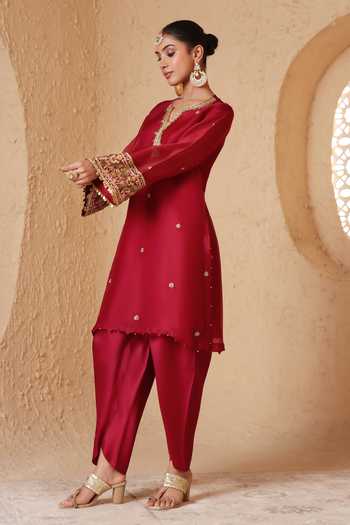 Buy Label Niti Bothra Wine Silk, Organza, Tencel V-neck Embroidered Short Kurta And Pant Set Buy_Label Niti Bothra_Wine Silk, Organza, Tencel V-neck Embroidered Short Kurta And Pant Set
