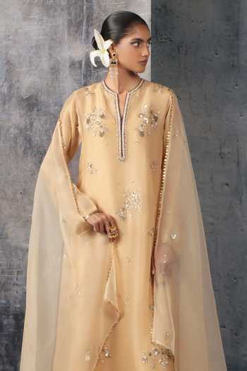 Buy Label Niti Bothra Ivory Silk, Organza, Tencel Split V-neck, Yes Phool Embroidered Kurta And Pant Set Online at Aza Fashions Buy_Label Niti Bothra_Ivory Silk, Organza, Tencel Split V-neck, Yes Phool Embroidered Kurta And Pant Set _Online_at_Aza_Fashions