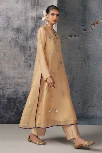Buy Label Niti Bothra Ivory Silk, Organza, Tencel Split V-neck, Yes Phool Embroidered Kurta And Pant Set Buy_Label Niti Bothra_Ivory Silk, Organza, Tencel Split V-neck, Yes Phool Embroidered Kurta And Pant Set