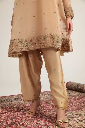 Buy_Label Niti Bothra_Ivory Silk, Organza, Tencel Split V-neck Emboridered Short Pheran Kurta Set 
