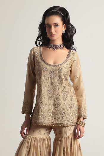 Label Niti Bothra Ivory Silk, Organza, Chanderi Scoop Neck Embroidered Kurta Sharara Set Online at Aza Fashions Label Niti Bothra_Ivory Silk, Organza, Chanderi Scoop Neck Embroidered Kurta Sharara Set _Online_at_Aza_Fashions