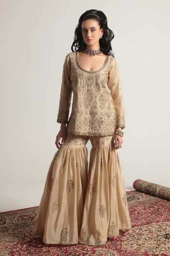 Shop Label Niti Bothra Ivory Silk, Organza, Chanderi Scoop Neck Embroidered Kurta Sharara Set Online at Aza Fashions Shop_Label Niti Bothra_Ivory Silk, Organza, Chanderi Scoop Neck Embroidered Kurta Sharara Set _Online_at_Aza_Fashions
