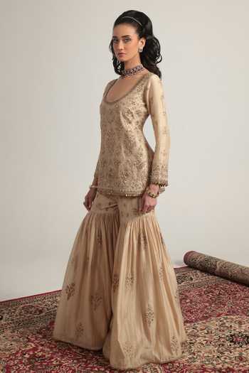 Label Niti Bothra Ivory Silk, Organza, Chanderi Scoop Neck Embroidered Kurta Sharara Set at Aza Fashions Label Niti Bothra_Ivory Silk, Organza, Chanderi Scoop Neck Embroidered Kurta Sharara Set _at_Aza_Fashions