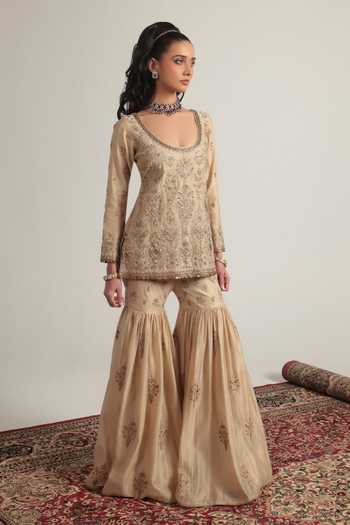 Buy Label Niti Bothra Ivory Silk, Organza, Chanderi Scoop Neck Embroidered Kurta Sharara Set Buy_Label Niti Bothra_Ivory Silk, Organza, Chanderi Scoop Neck Embroidered Kurta Sharara Set