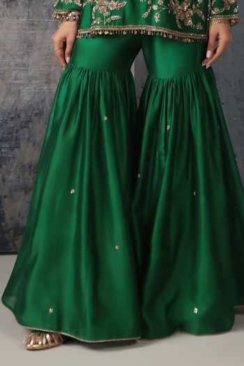 Label Niti Bothra Green Silk, Chanderi, Organza Split Floral Jaal Embroidered Kurta Sharara Set Online at Aza Fashions Label Niti Bothra_Green Silk, Chanderi, Organza Split Floral Jaal Embroidered Kurta Sharara Set _Online_at_Aza_Fashions