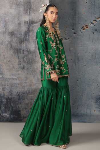 Buy Label Niti Bothra Green Silk, Chanderi, Organza Split Floral Jaal Embroidered Kurta Sharara Set Online at Aza Fashions Buy_Label Niti Bothra_Green Silk, Chanderi, Organza Split Floral Jaal Embroidered Kurta Sharara Set _Online_at_Aza_Fashions