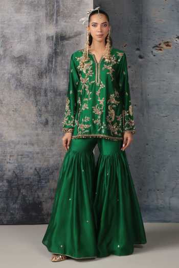Shop Label Niti Bothra Green Silk, Chanderi, Organza Split Floral Jaal Embroidered Kurta Sharara Set Online at Aza Fashions Shop_Label Niti Bothra_Green Silk, Chanderi, Organza Split Floral Jaal Embroidered Kurta Sharara Set _Online_at_Aza_Fashions
