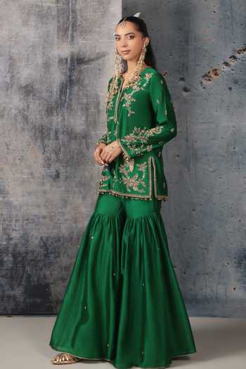 Label Niti Bothra Green Silk, Chanderi, Organza Split Floral Jaal Embroidered Kurta Sharara Set at Aza Fashions Label Niti Bothra_Green Silk, Chanderi, Organza Split Floral Jaal Embroidered Kurta Sharara Set _at_Aza_Fashions