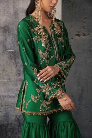 Buy Label Niti Bothra Green Silk, Chanderi, Organza Split Floral Jaal Embroidered Kurta Sharara Set Buy_Label Niti Bothra_Green Silk, Chanderi, Organza Split Floral Jaal Embroidered Kurta Sharara Set