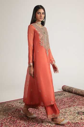 Buy Label Niti Bothra Orange Silk, Organza, Tencel Split V-neck, Yes Long Embroidered Kurta Set Online at Aza Fashions Buy_Label Niti Bothra_Orange Silk, Organza, Tencel Split V-neck, Yes Long Embroidered Kurta Set _Online_at_Aza_Fashions