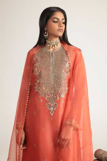 Shop Label Niti Bothra Orange Silk, Organza, Tencel Split V-neck, Yes Long Embroidered Kurta Set Online at Aza Fashions Shop_Label Niti Bothra_Orange Silk, Organza, Tencel Split V-neck, Yes Long Embroidered Kurta Set _Online_at_Aza_Fashions