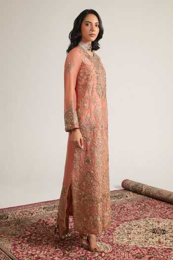 Label Niti Bothra Peach Organza Floral Jaal Embroidered Kaftan Online at Aza Fashions Label Niti Bothra_Peach Organza Floral Jaal Embroidered Kaftan _Online_at_Aza_Fashions