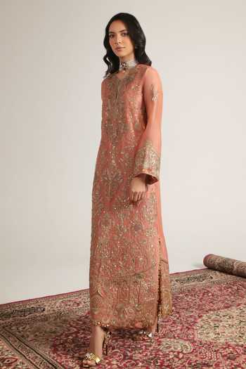 Buy Label Niti Bothra Peach Organza Floral Jaal Embroidered Kaftan Online at Aza Fashions Buy_Label Niti Bothra_Peach Organza Floral Jaal Embroidered Kaftan _Online_at_Aza_Fashions