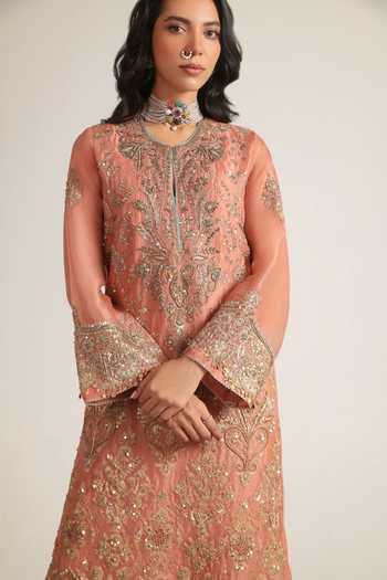 Shop Label Niti Bothra Peach Organza Floral Jaal Embroidered Kaftan Online at Aza Fashions Shop_Label Niti Bothra_Peach Organza Floral Jaal Embroidered Kaftan _Online_at_Aza_Fashions