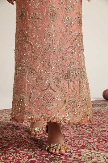 Label Niti Bothra Peach Organza Floral Jaal Embroidered Kaftan at Aza Fashions Label Niti Bothra_Peach Organza Floral Jaal Embroidered Kaftan _at_Aza_Fashions
