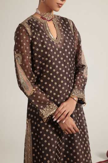 Shop Label Niti Bothra Brown Silk, Organza, Tencel Keyhole Neck Buti Embroidered Kurta Set Online at Aza Fashions Shop_Label Niti Bothra_Brown Silk, Organza, Tencel Keyhole Neck Buti Embroidered Kurta Set _Online_at_Aza_Fashions