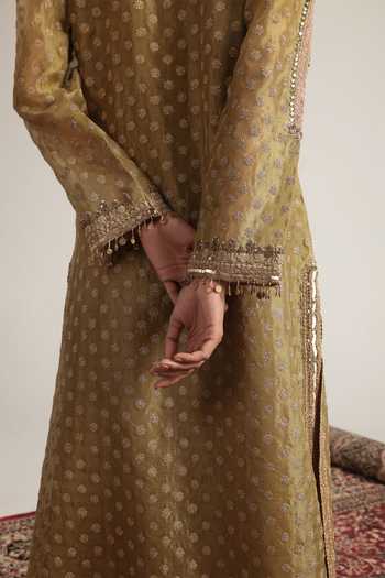 Shop Label Niti Bothra Olive Green Silk, Organza, Tencel Split V-neck, Yes Butti Kurta Set Online at Aza Fashions Shop_Label Niti Bothra_Olive Green Silk, Organza, Tencel Split V-neck, Yes Butti Kurta Set _Online_at_Aza_Fashions