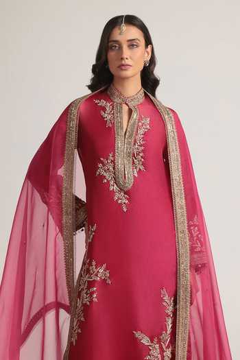 Label Niti Bothra Pink Silk, Organza, Tencel Mandarin Collar Jaal Embroidered Kurta Set Online at Aza Fashions Label Niti Bothra_Pink Silk, Organza, Tencel Mandarin Collar Jaal Embroidered Kurta Set _Online_at_Aza_Fashions