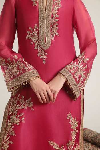 Label Niti Bothra Pink Silk, Organza, Tencel Mandarin Collar Jaal Embroidered Kurta Set at Aza Fashions Label Niti Bothra_Pink Silk, Organza, Tencel Mandarin Collar Jaal Embroidered Kurta Set _at_Aza_Fashions