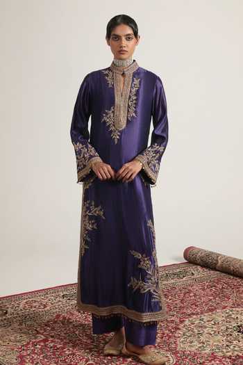 Buy Label Niti Bothra Purple Silk, Tencel, Kota Doria, Organza Mandarin Jaal Embroidered Kurta Set Online at Aza Fashions Buy_Label Niti Bothra_Purple Silk, Tencel, Kota Doria, Organza Mandarin Jaal Embroidered Kurta Set _Online_at_Aza_Fashions