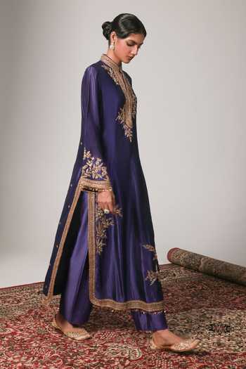 Shop Label Niti Bothra Purple Silk, Tencel, Kota Doria, Organza Mandarin Jaal Embroidered Kurta Set Online at Aza Fashions Shop_Label Niti Bothra_Purple Silk, Tencel, Kota Doria, Organza Mandarin Jaal Embroidered Kurta Set _Online_at_Aza_Fashions