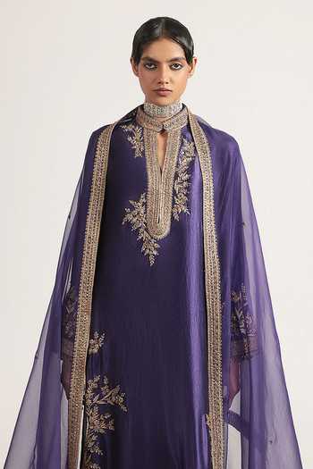 Label Niti Bothra Purple Silk, Tencel, Kota Doria, Organza Mandarin Jaal Embroidered Kurta Set at Aza Fashions Label Niti Bothra_Purple Silk, Tencel, Kota Doria, Organza Mandarin Jaal Embroidered Kurta Set _at_Aza_Fashions
