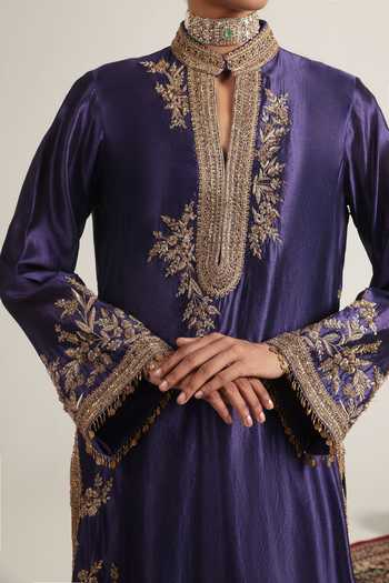 Buy Label Niti Bothra Purple Silk, Tencel, Kota Doria, Organza Mandarin Jaal Embroidered Kurta Set Buy_Label Niti Bothra_Purple Silk, Tencel, Kota Doria, Organza Mandarin Jaal Embroidered Kurta Set