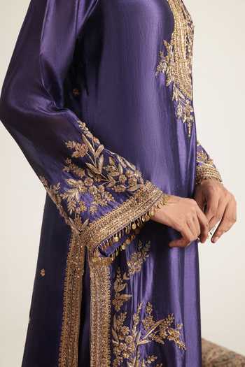 Shop Label Niti Bothra Purple Silk, Tencel, Kota Doria, Organza Mandarin Jaal Embroidered Kurta Set Shop_Label Niti Bothra_Purple Silk, Tencel, Kota Doria, Organza Mandarin Jaal Embroidered Kurta Set