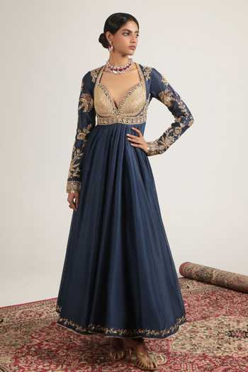 Buy Label Niti Bothra Blue Silk, Organza, Chanderi, Tencel Sweetheart Zardozi Embroidered Anarkali Set Online at Aza Fashions Buy_Label Niti Bothra_Blue Silk, Organza, Chanderi, Tencel Sweetheart Zardozi Embroidered Anarkali Set _Online_at_Aza_Fashions