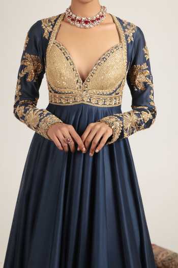 Shop Label Niti Bothra Blue Silk, Organza, Chanderi, Tencel Sweetheart Zardozi Embroidered Anarkali Set Online at Aza Fashions Shop_Label Niti Bothra_Blue Silk, Organza, Chanderi, Tencel Sweetheart Zardozi Embroidered Anarkali Set _Online_at_Aza_Fashions