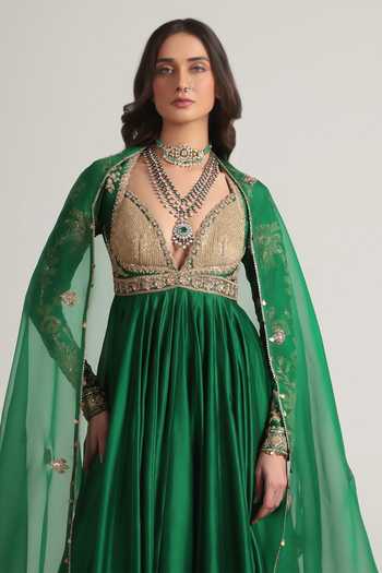 Label Niti Bothra Green Silk, Organza, Chanderi, Tencel Sweetheart Yoke Embroidered Anarkali Set Online at Aza Fashions Label Niti Bothra_Green Silk, Organza, Chanderi, Tencel Sweetheart Yoke Embroidered Anarkali Set _Online_at_Aza_Fashions