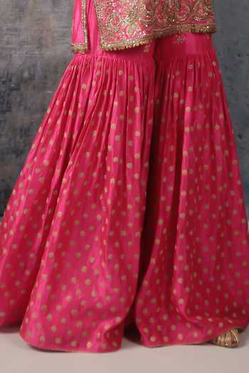 Label Niti Bothra Pink Silk, Organza V-neck, Yes Floral Embroidered Kurta Sharara Set Online at Aza Fashions Label Niti Bothra_Pink Silk, Organza V-neck, Yes Floral Embroidered Kurta Sharara Set _Online_at_Aza_Fashions