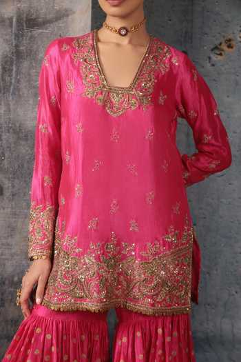 Buy Label Niti Bothra Pink Silk, Organza V-neck, Yes Floral Embroidered Kurta Sharara Set Online at Aza Fashions Buy_Label Niti Bothra_Pink Silk, Organza V-neck, Yes Floral Embroidered Kurta Sharara Set _Online_at_Aza_Fashions