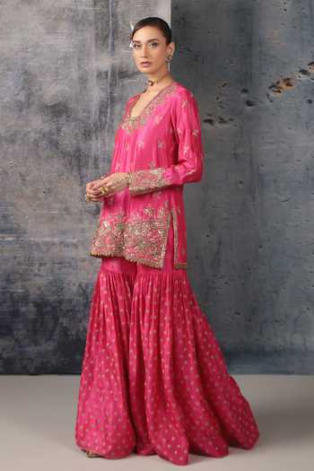 Shop Label Niti Bothra Pink Silk, Organza V-neck, Yes Floral Embroidered Kurta Sharara Set Online at Aza Fashions Shop_Label Niti Bothra_Pink Silk, Organza V-neck, Yes Floral Embroidered Kurta Sharara Set _Online_at_Aza_Fashions