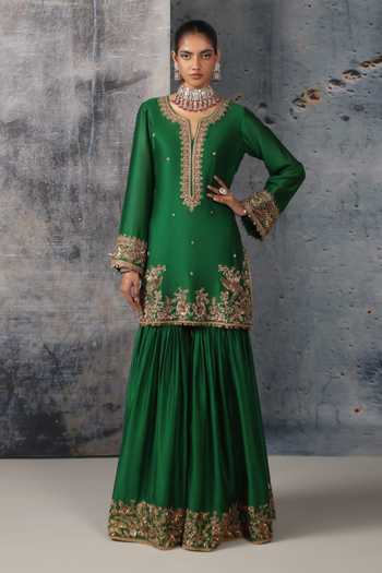 Buy Label Niti Bothra Green Silk, Organza, Chanderi Split V-neck Embroidered Kurta Sharara Set Online at Aza Fashions Buy_Label Niti Bothra_Green Silk, Organza, Chanderi Split V-neck Embroidered Kurta Sharara Set _Online_at_Aza_Fashions