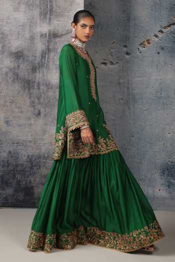 Shop Label Niti Bothra Green Silk, Organza, Chanderi Split V-neck Embroidered Kurta Sharara Set Online at Aza Fashions Shop_Label Niti Bothra_Green Silk, Organza, Chanderi Split V-neck Embroidered Kurta Sharara Set _Online_at_Aza_Fashions