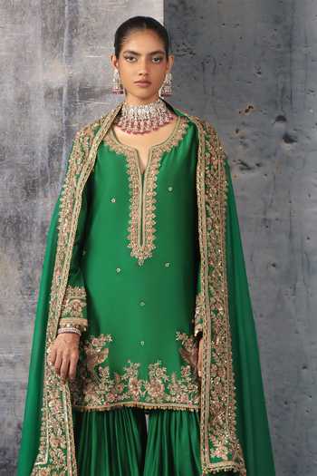 Label Niti Bothra Green Silk, Organza, Chanderi Split V-neck Embroidered Kurta Sharara Set at Aza Fashions Label Niti Bothra_Green Silk, Organza, Chanderi Split V-neck Embroidered Kurta Sharara Set _at_Aza_Fashions