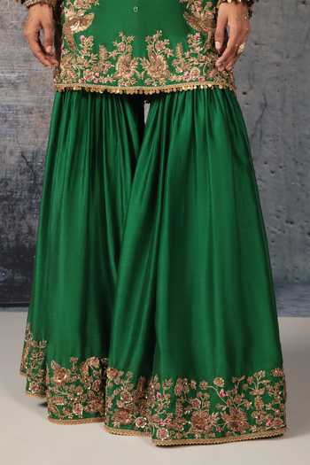 Buy Label Niti Bothra Green Silk, Organza, Chanderi Split V-neck Embroidered Kurta Sharara Set Buy_Label Niti Bothra_Green Silk, Organza, Chanderi Split V-neck Embroidered Kurta Sharara Set