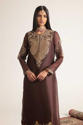 Buy Label Niti Bothra Brown Silk, Organza, Tencel Round Neck, Yes Embroidered Straight Kurta Set Online at Aza Fashions Buy_Label Niti Bothra_Brown Silk, Organza, Tencel Round Neck, Yes Embroidered Straight Kurta Set _Online_at_Aza_Fashions