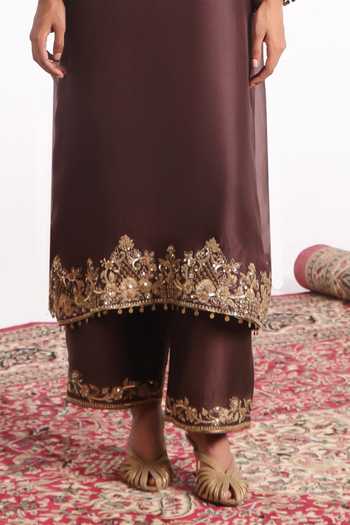 Shop Label Niti Bothra Brown Silk, Organza, Tencel Round Neck, Yes Embroidered Straight Kurta Set Online at Aza Fashions Shop_Label Niti Bothra_Brown Silk, Organza, Tencel Round Neck, Yes Embroidered Straight Kurta Set _Online_at_Aza_Fashions