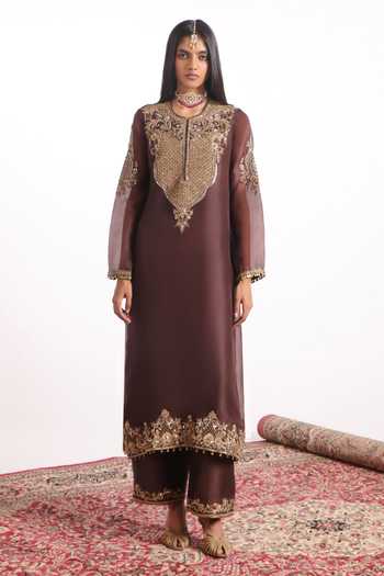 Label Niti Bothra Brown Silk, Organza, Tencel Round Neck, Yes Embroidered Straight Kurta Set at Aza Fashions Label Niti Bothra_Brown Silk, Organza, Tencel Round Neck, Yes Embroidered Straight Kurta Set _at_Aza_Fashions
