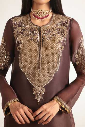 Buy Label Niti Bothra Brown Silk, Organza, Tencel Round Neck, Yes Embroidered Straight Kurta Set Buy_Label Niti Bothra_Brown Silk, Organza, Tencel Round Neck, Yes Embroidered Straight Kurta Set