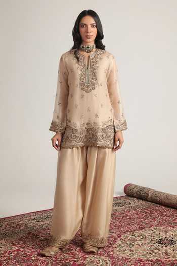 Shop Label Niti Bothra Ivory Silk, Organza, Tencel Split V-neck, Yes Embroidered Kurta Salwar Set Online at Aza Fashions Shop_Label Niti Bothra_Ivory Silk, Organza, Tencel Split V-neck, Yes Embroidered Kurta Salwar Set _Online_at_Aza_Fashions