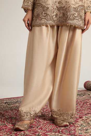 Buy Label Niti Bothra Ivory Silk, Organza, Tencel Split V-neck, Yes Embroidered Kurta Salwar Set Buy_Label Niti Bothra_Ivory Silk, Organza, Tencel Split V-neck, Yes Embroidered Kurta Salwar Set