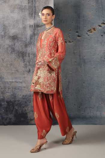 Buy Label Niti Bothra Coral Silk, Organza, Tencel Mandarin Collar, Embroidered Kurta And Salwar Set Online at Aza Fashions Buy_Label Niti Bothra_Coral Silk, Organza, Tencel Mandarin Collar, Embroidered Kurta And Salwar Set _Online_at_Aza_Fashions