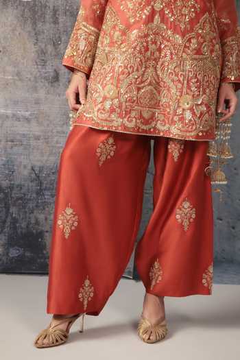 Shop Label Niti Bothra Coral Silk, Organza, Tencel Mandarin Collar, Embroidered Kurta And Salwar Set Online at Aza Fashions Shop_Label Niti Bothra_Coral Silk, Organza, Tencel Mandarin Collar, Embroidered Kurta And Salwar Set _Online_at_Aza_Fashions